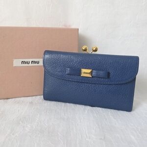 Auth Miu Miu Leather Bow Kisslock Long Wallet